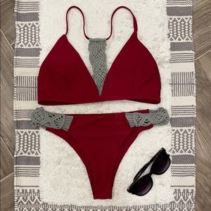 Red & Gray Macramé Detailed Bikini - M